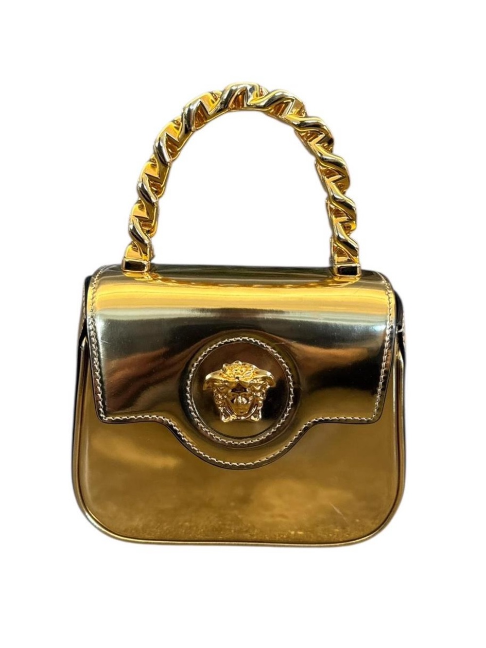 Authentic Versace Gold Mini Top Handle Bag with Medusa Medallion